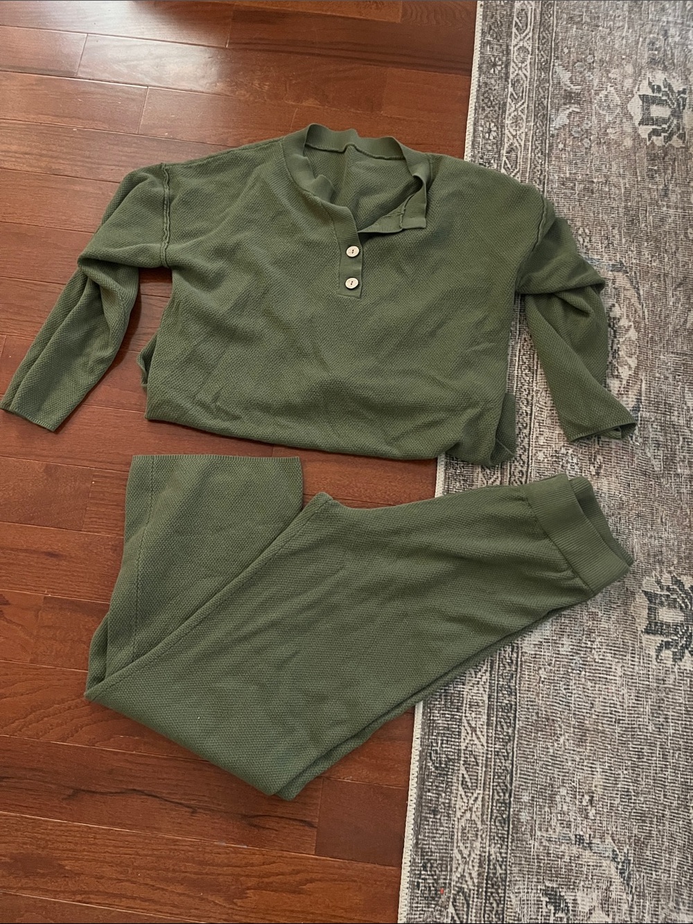 Waffle Knit Henley Lounge Pants Set - army green - Picture 2 of 2